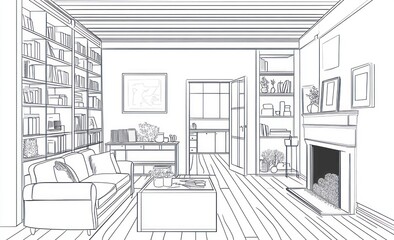 Line drawing of a cozy home library/living room.  A spacious room with built-in bookshelves, a sofa, coffee table, fireplace, and other furniture.  Features a sense of order and warmth
