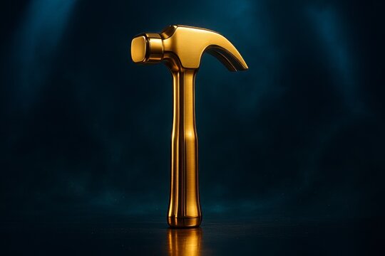Golden hammer on dark background: elegant tool against blue smoke
