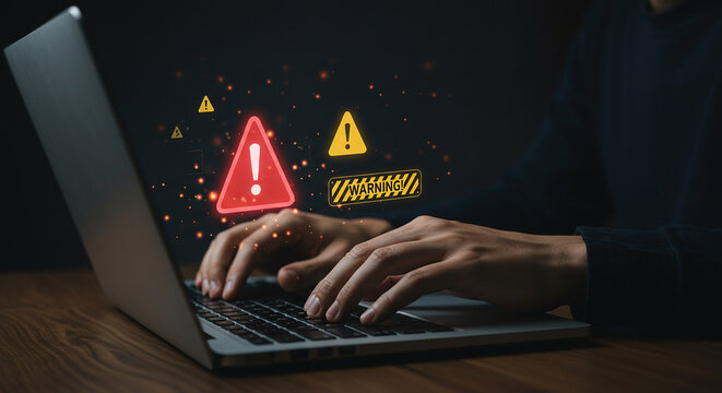 Cyber security alert on laptop computer warning sign internet security risk and data breach detected online selling, purchasing, agreement, $