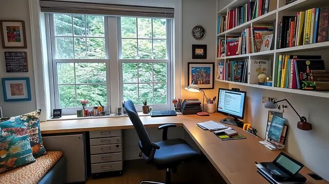 Brightly Lit Home Office Interior With Desk Bookshelves and Window View During Daytime