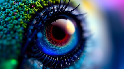 A mesmerizing close-up of a vibrant, biomechanical eye, showcasing intricate details and a captivating blend of teal, blue, red, and green hues. 