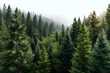 Fototapeta premium Misty mountain forest with lush green pines and firs