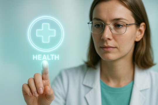 Young caucasian female doctor interacting with futuristic health interface technology