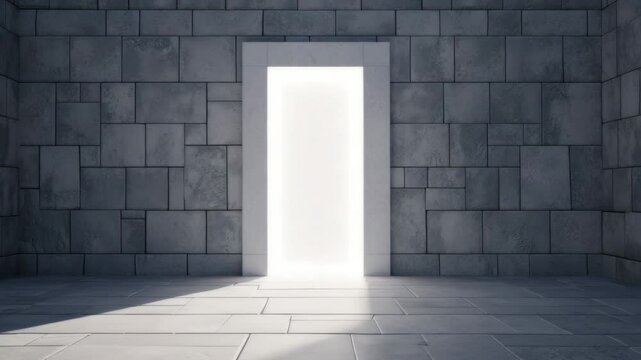 Stone wall with a bright doorway. Leads to an unknown, a minimalist escape
