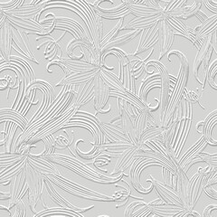3d embossed seamless floral pattern with flowing curves, line art flowers, swirls. Elegant monochrome emboss hand drawn design for luxury wallpaper, decor or packaging. Endless texture with 3d effect.