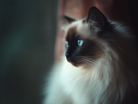 birman cat fluffy long haired kitty blue eyes portrait close up pet animal photography