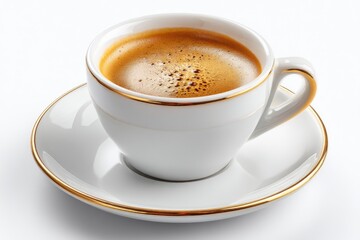 Fototapeta premium Closeup view of a steaming espresso in a white porcelain cup and saucer.