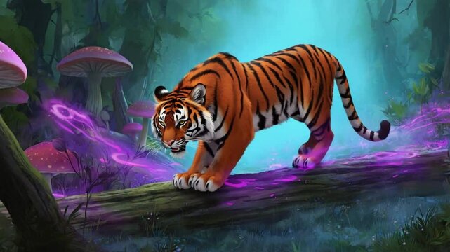 Tiger leaping through a dark, misty forest with glowing elements. Energetic tiger in enchanted woods.