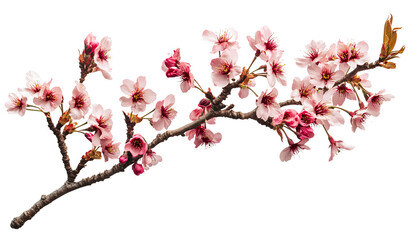 A single branch of cherry blossoms, pink flowers, with a transparent background, in a PNG file with a white border