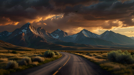 dramatic, cinematic background rugged  mountain landscape at dusk with jagged peaks, clouds, and rays of golden sunlight breaking through. Include a trail with rocky terrain and sparse, wide road