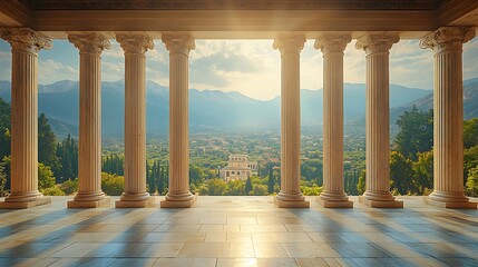 Fototapeta premium Old temple pillars with beautiful valley vista high resolution image