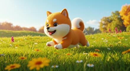 Fototapeta premium Happy Shiba Inu Puppy Running Through a Blooming Meadow on Sunny Day