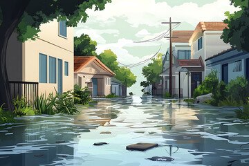 Flooded residential street with submerged houses and greenery under a cloudy sky