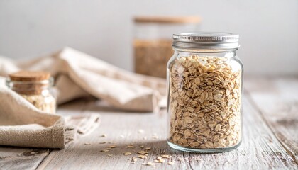 A glass jar containing oatmeal flakes lies on a wooden shelf on a white wall background.