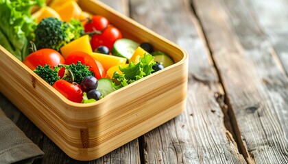 A wooden bento box filled with assorted colorful fresh vegetables sits on a rustic wooden surface.