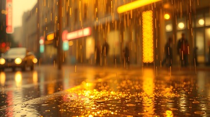 Rainy city street at night, warm light reflections on wet asphalt, blurred background, golden hour, urban scene, bokeh, raindrops.
