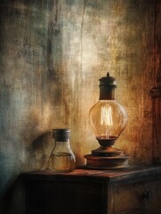 Vintage Lamp and Jar on Wooden Table
