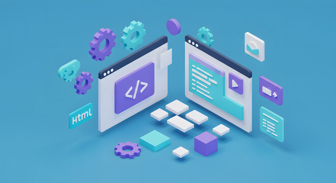 Isometric Web Development: Code, UI Elements & Gear Icons