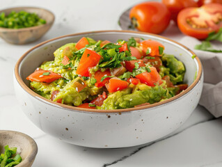 Guacamole in a bowl with tomatoes and herbs