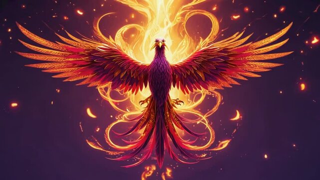 Fiery phoenix rises from ashes with vibrant orange and red flames. Symbol of rebirth and powerful transformation. Phoenix rising from fire.