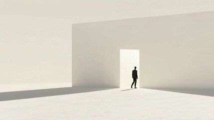 Businessman Silhouette in Open Doorway Symbolizing Opportunity and Success in Dark Room