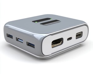 White laptop docking station, clean aesthetic, streamlined design, ideal for home or office - desktop clean view peripherals