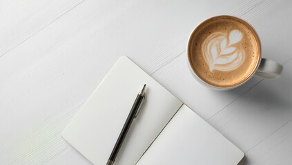 A white wooden table with an open notebook and pen, and a latte art coffee on the side. The