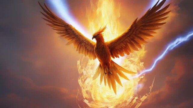 Golden phoenix with glowing wings soars through a mystical, fiery sky. Majestic symbol of immortality and power. Golden phoenix in fiery sky.