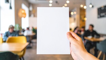 A hand holds a blank white rectangular sheet of paper vertically in a blurred cafe indoor setting.