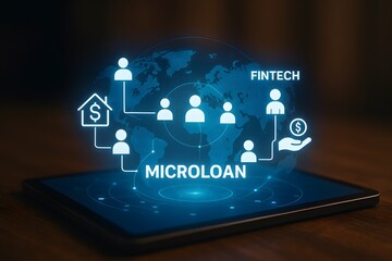 A digital tablet displays a glowing microloan network map with fintech icons hovering above. Concept of peer-to-peer lending and financial inclusion.