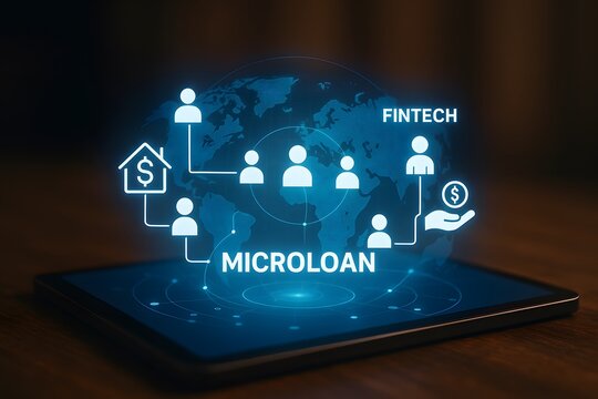 A digital tablet displays a glowing microloan network map with fintech icons hovering above. Concept of peer-to-peer lending and financial inclusion.
