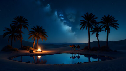 A tranquil desert oasis under a starry sky, with palm trees and a mirror-like pool. The air smells of dates, and a campfire glows softly in the night.