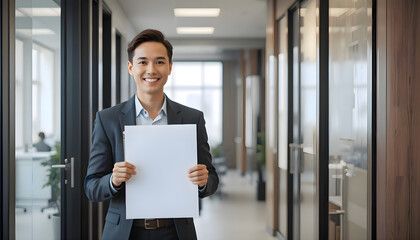 Man in a suit confidently holding a sign in a modern office setting