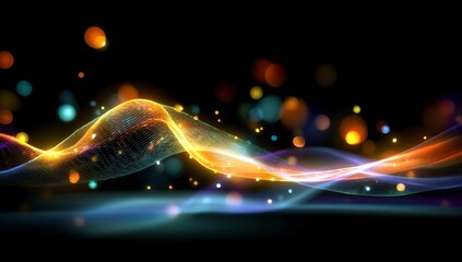 Abstract background with glowing, colorful waves and bokeh lights on a black backdrop, creating an