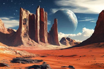 Fototapete Alien desert landscape with a large planet © Kahar