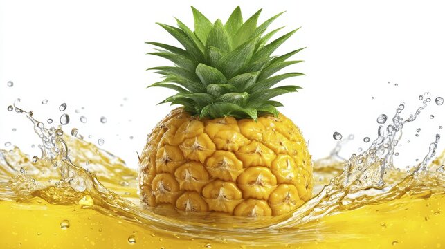 Fresh pineapple with juice splash, vibrant tropical fruit isolated on white - delicious chunks product dripping vibrant