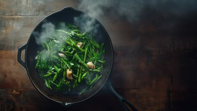Sizzling stir-fry: green beans and garlic in a cast iron skillet