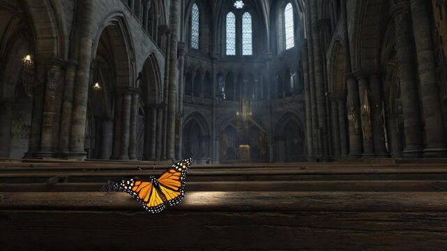 Two monarch butterflies fluttering around a gothic window with stained glass. Evokes beauty and a touch of mystery in an architectural setting. Butterflies by gothic window.
