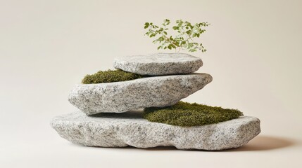 Stacked gray stones, topped with moss and a small plant, creating a zen garden aesthetic