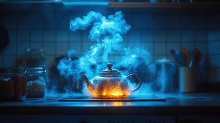 Surreal glowing teapot on a stove with ethereal vapor in a dimly lit kitchen