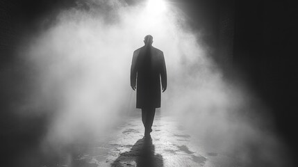 Silhouetted figure walking through a smoky corridor