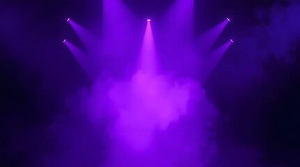 Purple stage lighting with smoke, creating a dramatic and atmospheric scene.  Five spotlights illuminate a smoky purple background.