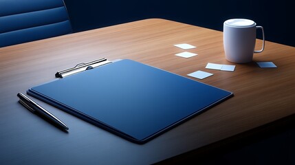 Modern Workplace Setup Blue Clipboard Pen and Coffee on Wooden Desk Ready for Business Notes or Meeting Minutes