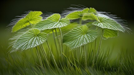 Isolated composition of hyper-realistic green leaves with gentle movement, set against an ethereal abstract background, professionally photographed with sharp details and precise lighting