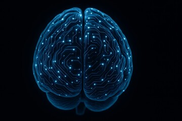 Glowing blue human brain simulating electronic circuit processing data, representing artificial intelligence, machine learning, and neural network concepts