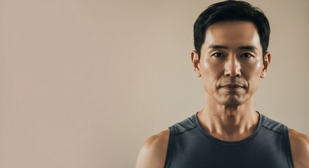Fototapeta premium Portrait of asian man in gray sportswear. Fitness model for gym advertisement. Healthy lifestyle concept. Sport motivation image for social media and blog post