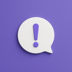 3d rendering of a white speech bubble containing a purple exclamation mark on a purple background, representing a warning, important information, or an alert
