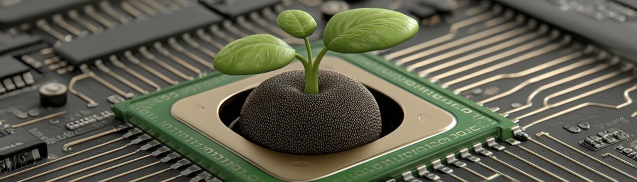 A tiny plant emerges from a computer chip, illustrating the intersection of technology and natural life - vibrant photography nature miniature