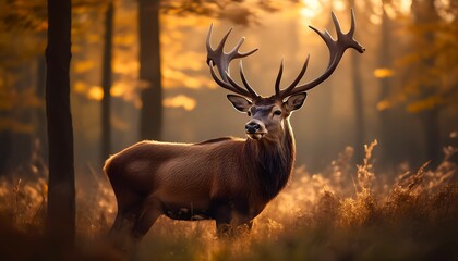 A majestic stag stands in golden autumn light, its powerful antlers raised high. Surrounded by forest trees and dry grass, it embodies strength, grace, and natural elegance.
