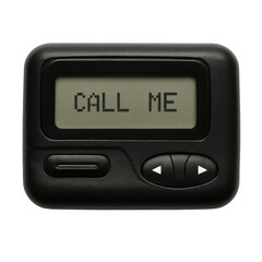 The screen of a vintage black pager lights up with the classic message, CALL ME.
